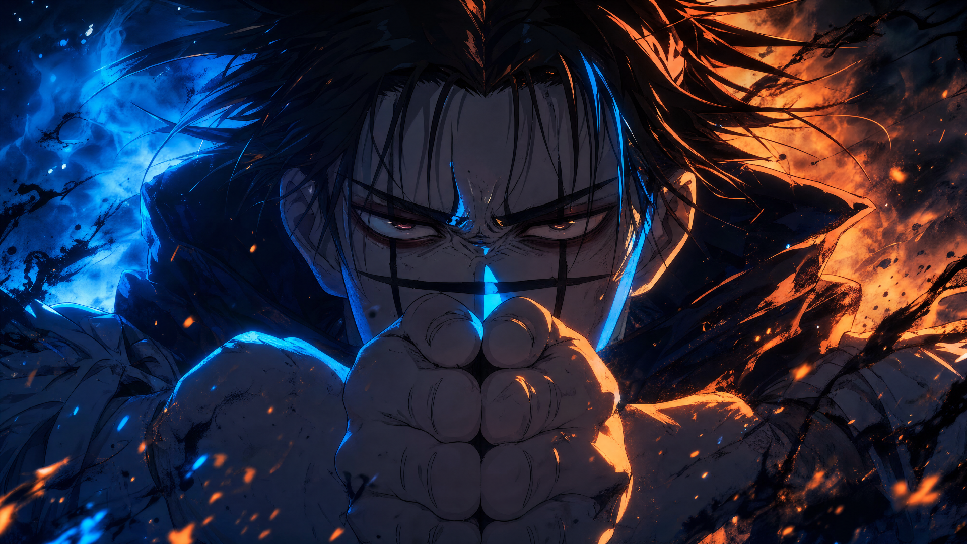 4K Ultra HD PC desktop wallpaper of Choso (Jujutsu Kaisen): close-up, hands joined, glowing blue and orange flames, red eyes and ink-like facial markings, intense stare.
