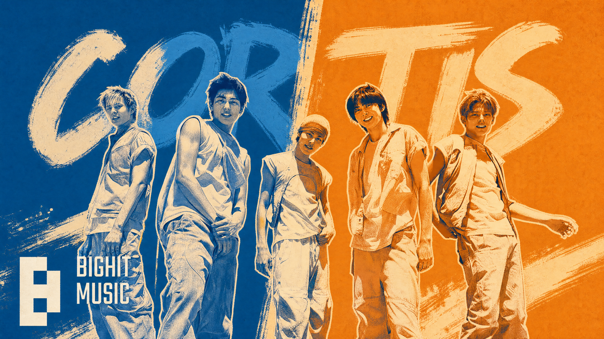 Cortis 4K Ultra HD PC desktop wallpaper: split blue-orange background with grungy brushstroke CORTIS text, five casually dressed figures posing and a BigHit Music logo.