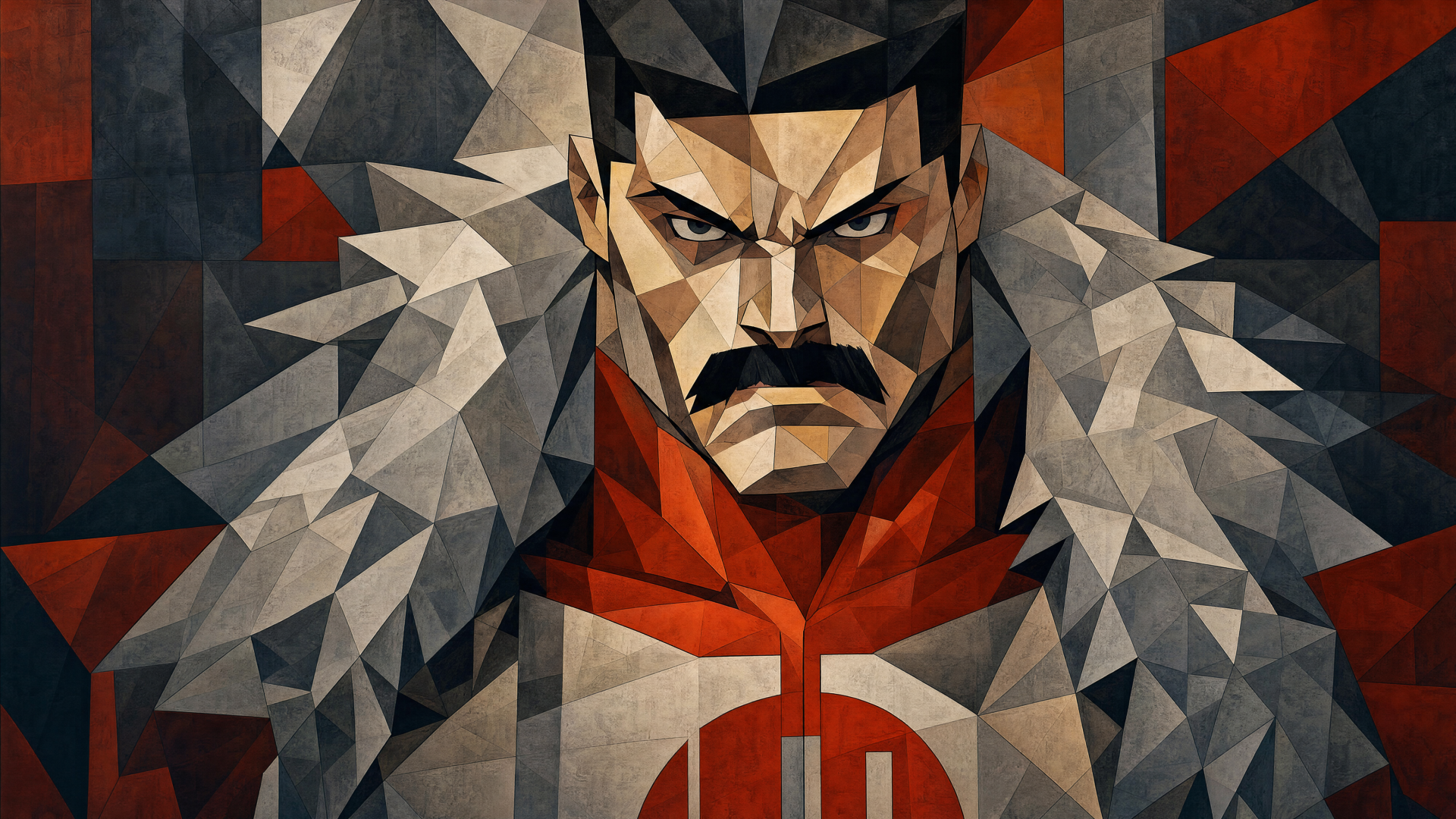 Geometric 4K Ultra HD PC desktop wallpaper of Thragg (Invincible): stern, mustached alien warlord in red armor with fur-trimmed cloak against an angular dark background