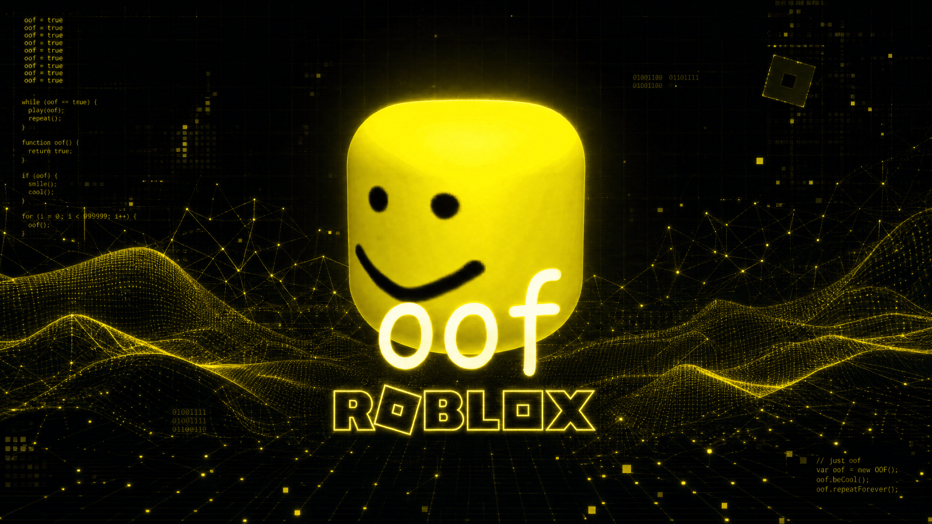 4K Ultra HD PC desktop wallpaper and background: glowing yellow Roblox head with oof text over neon waveform grid and scattered digital particles.