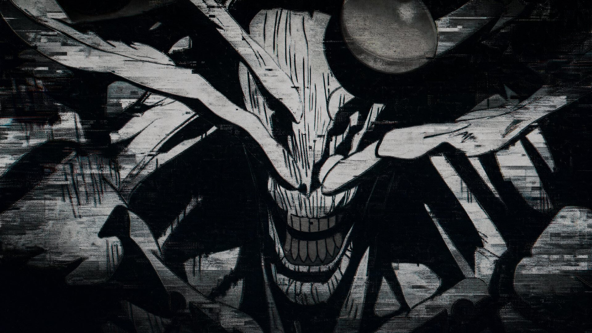 4K Ultra HD PC desktop wallpaper of Mahoraga (Jujutsu Kaisen): a monstrous, grinning horned visage emerging from dark, ink-splattered, high-contrast textures.