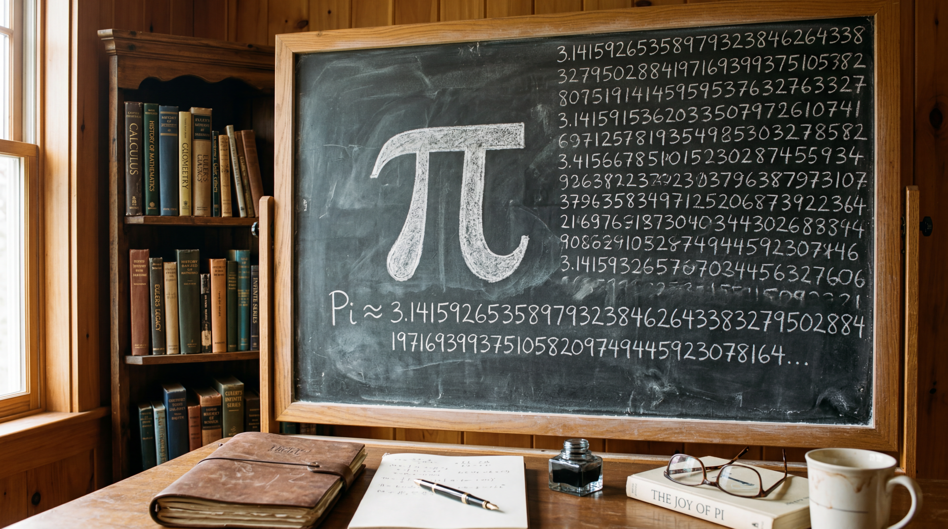 5K Ultra HD PC wallpaper: chalkboard in a cozy study shows a large π symbol with many digits, surrounded by books, a notebook and pen — mathematics, Pi (Math) themed background.