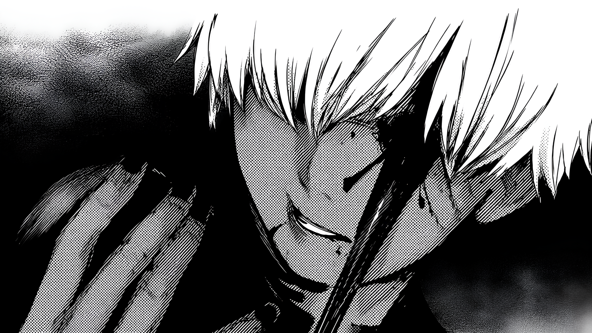 Tokyo Ghoul:re 2K Quad HD PC desktop wallpaper — black-and-white close-up of Kaneki with white hair, blood-streaked face and a pained, intense expression.