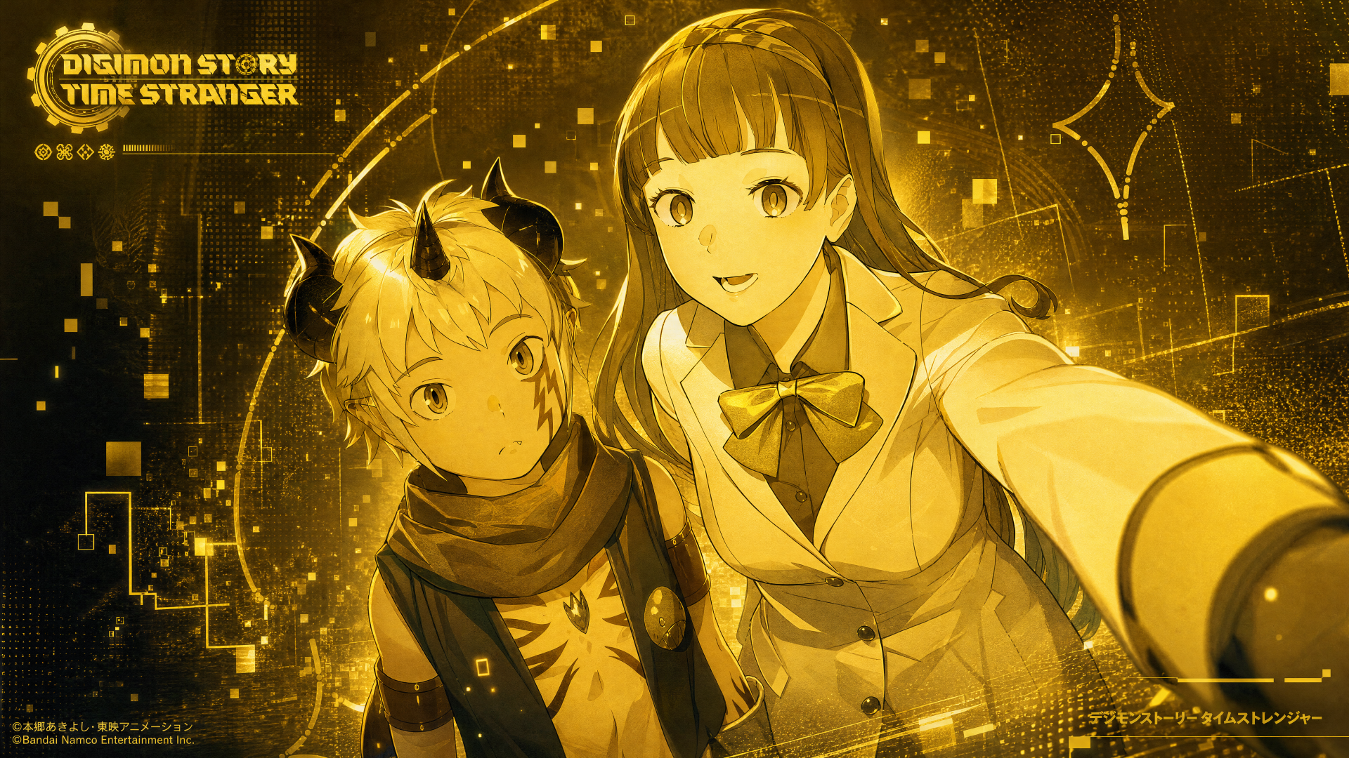 Digimon Story Time Stranger 4K Ultra HD PC desktop wallpaper: two anime characters — a schoolgirl taking a selfie with a horned Digimon companion amid glowing digital circuitry.