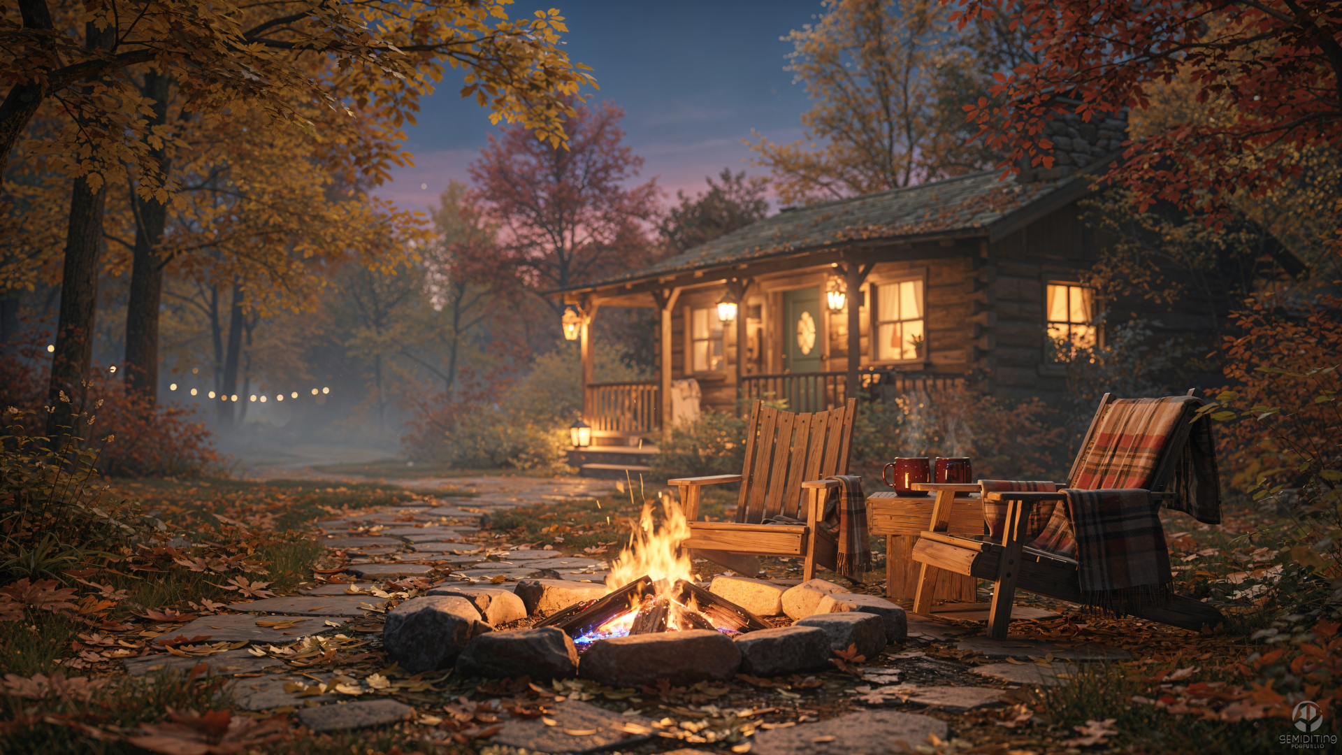 Rustic fall 4K Ultra HD PC desktop wallpaper: cozy cabin at dusk with glowing windows, campfire ring, Adirondack chairs, string lights and fallen leaves in a misty autumn forest.
