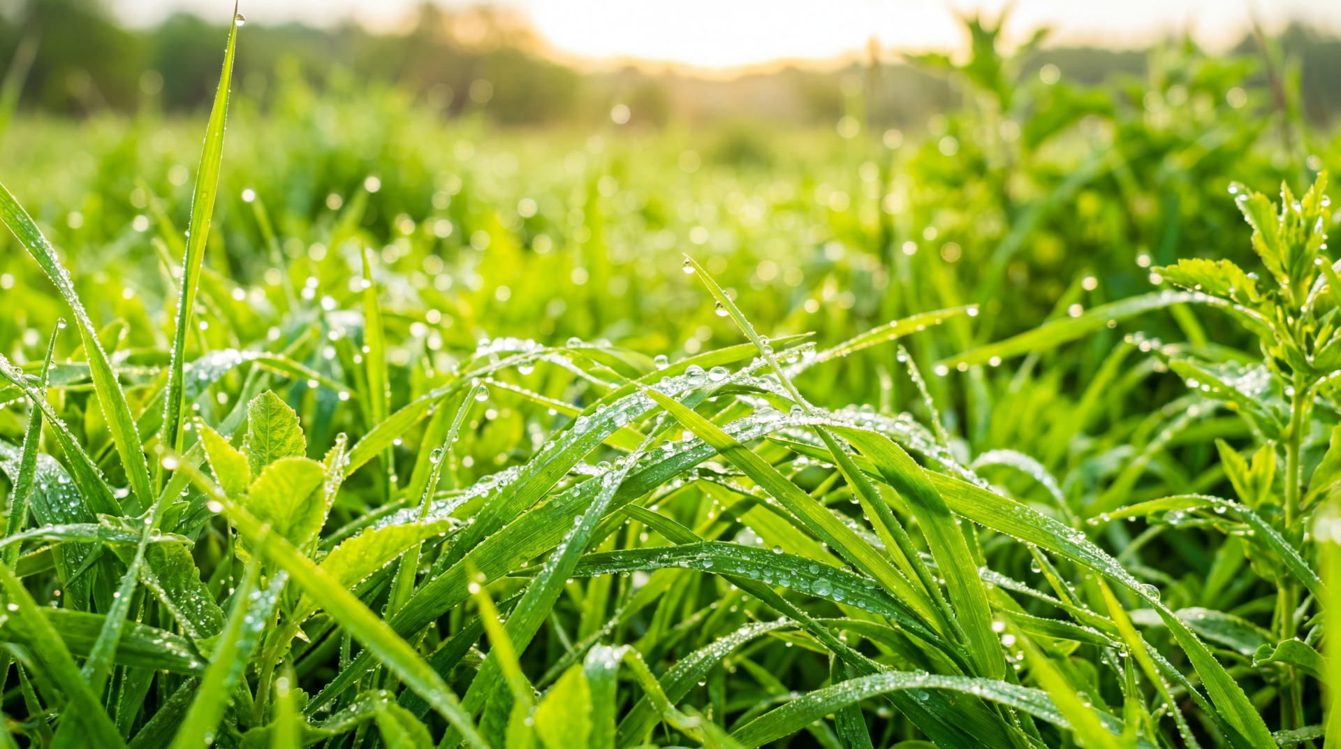 Morning dew on green grass at sunrise, droplets glistening in soft light — 5K Ultra HD PC desktop wallpaper and background.