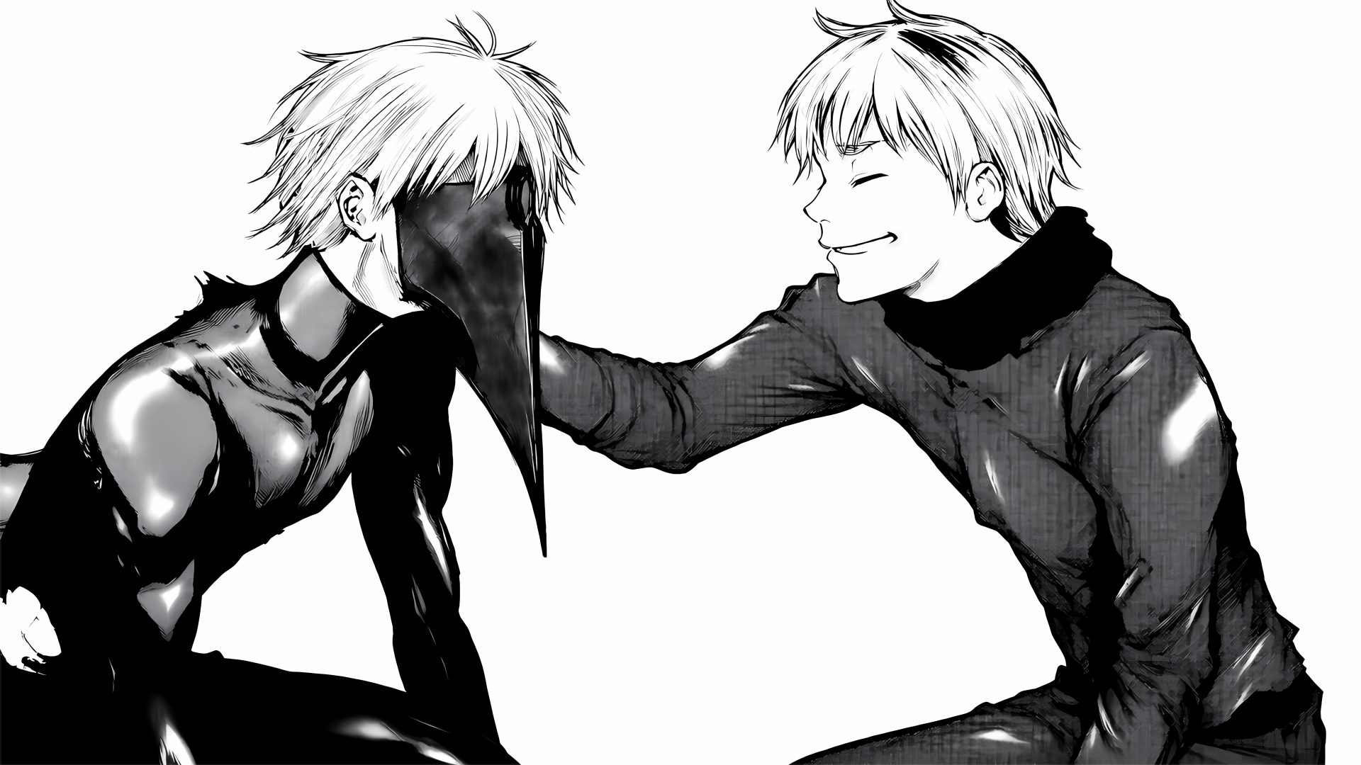 Tokyo Ghoul 5K Ultra HD PC desktop wallpaper: monochrome manga-style image of two figures — one in a long-beaked mask, the other smiling and touching the mask, intimate yet eerie.