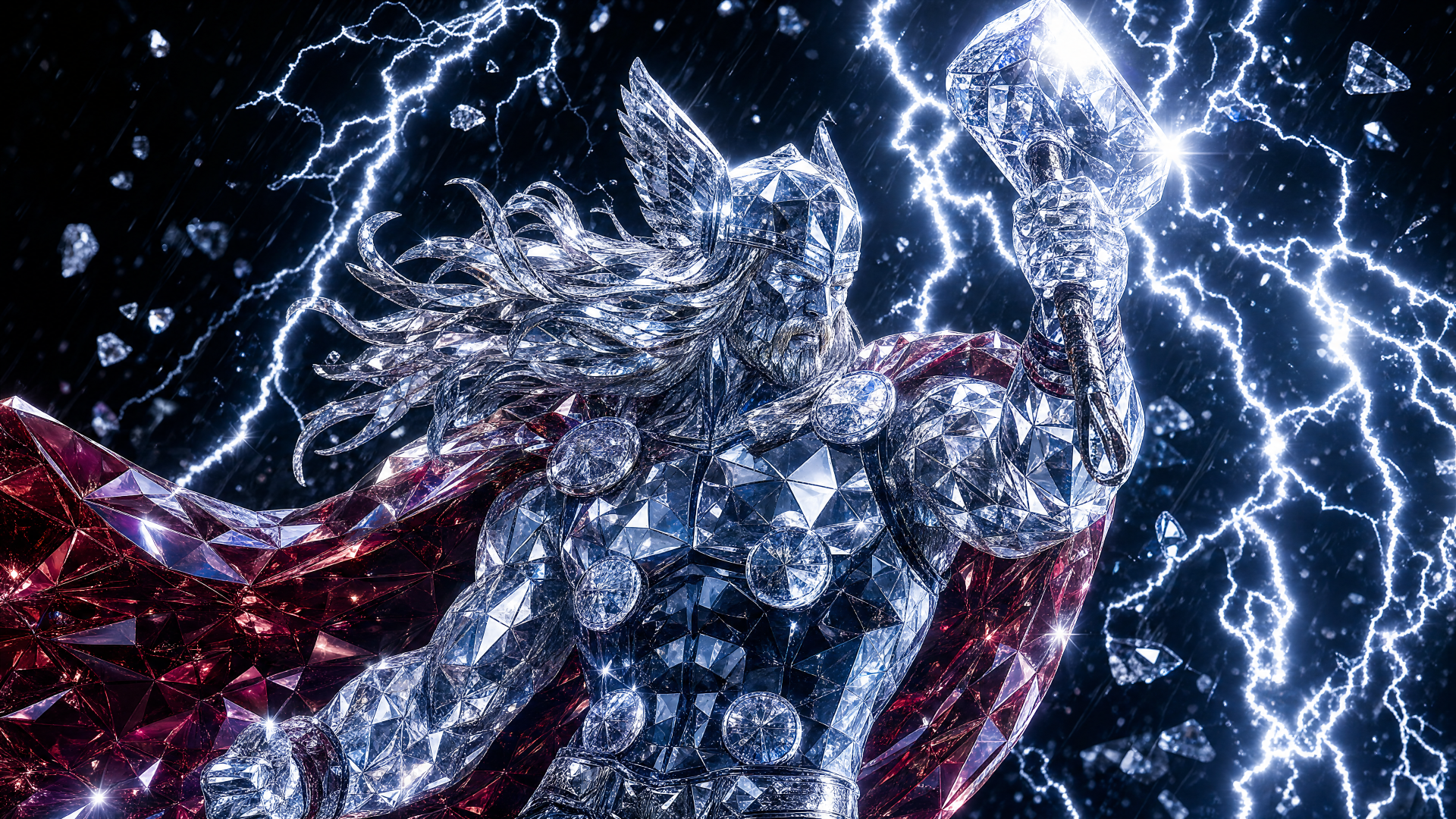 Crystal-faceted Thor raises Mjolnir amid crackling lightning, red cape billowing — 4K Ultra HD PC desktop wallpaper and background.
