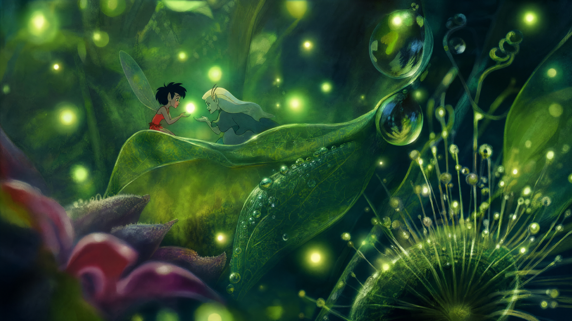 Ferngully: The Last Rainforest 4K Ultra HD PC desktop wallpaper and background — tiny fairy and boy perched on a dew-dappled leaf, surrounded by glowing fireflies and bioluminescent rainforest flora.