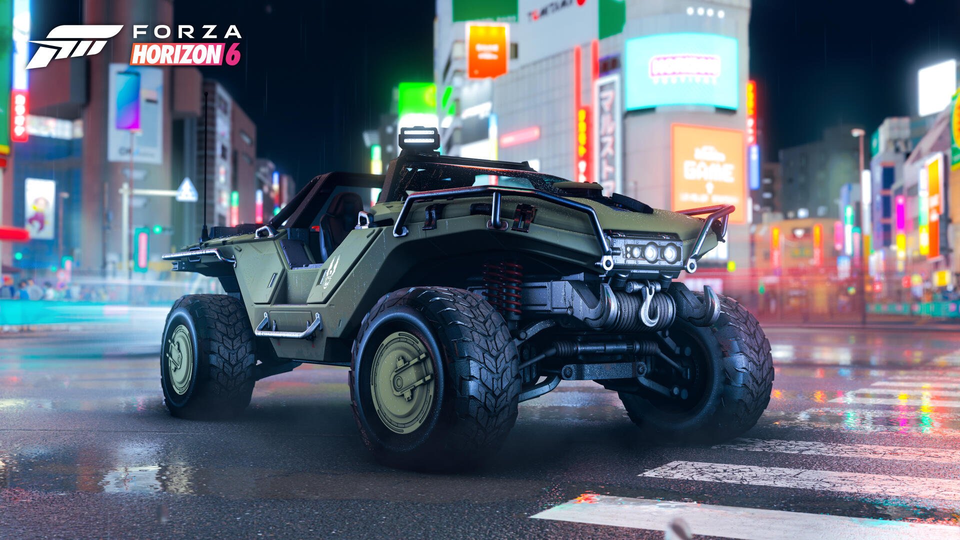 Forza Horizon 6 video game 4K Ultra HD PC desktop background — rugged off-road buggy on a wet neon-lit city street at night, reflections on pavement and bright billboards.