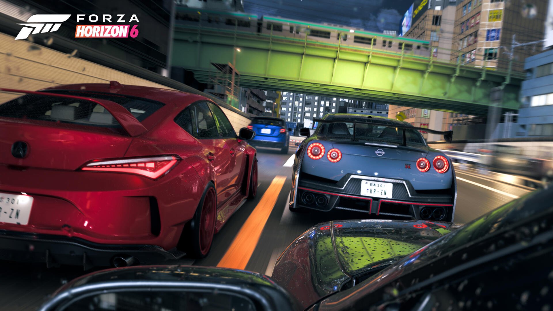 Forza Horizon 6 video game 4K Ultra HD PC desktop wallpaper: high-speed nighttime city street race with sports cars, neon overpass and wet reflections viewed from a cockpit.