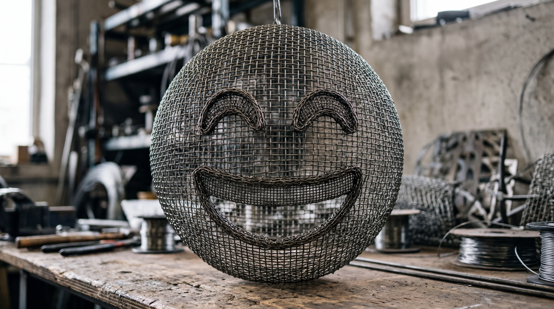 Wire-mesh smiling emoticon sculpture on a cluttered workbench in an industrial workshop — 5K Ultra HD PC desktop wallpaper and background.