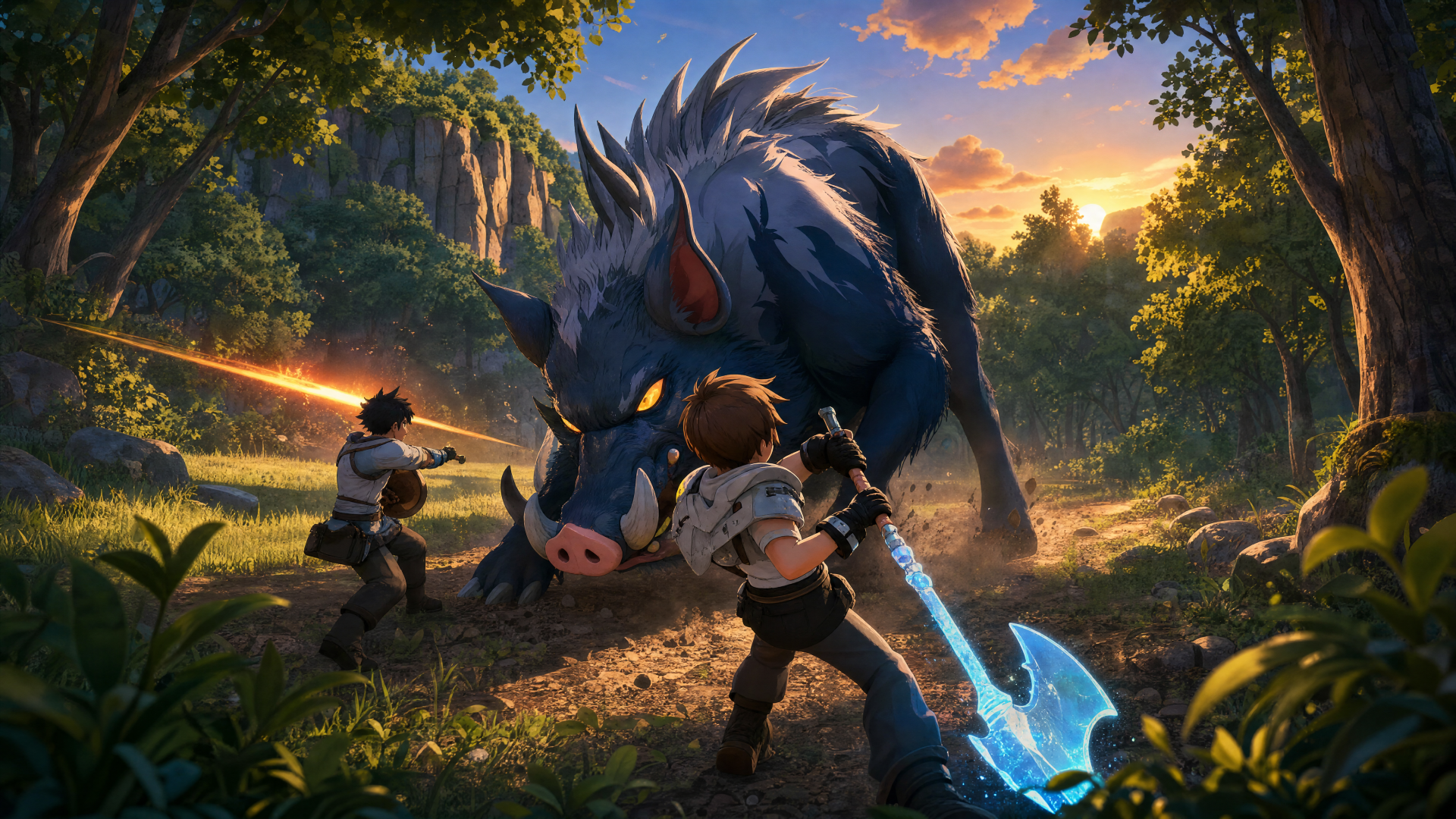 Echoes of Aincrad 4K Ultra HD PC desktop wallpaper and background — two adventurers clash with a colossal tusked boar in a sunlit forest, a blue-glowing axe raised as arrows streak.