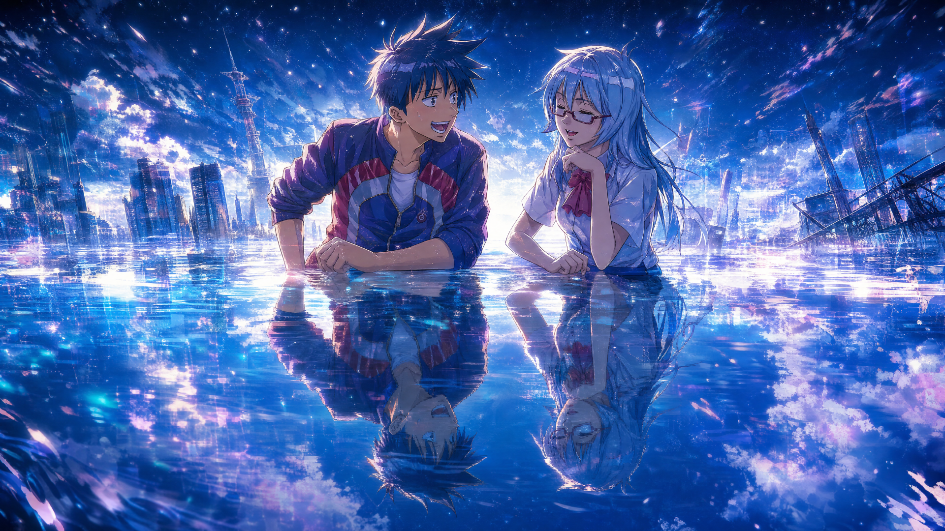 Two Psyren (anime) characters lean over a glowing, reflective water surface beneath neon city lights; vivid blue nightscape in a 4K Ultra HD PC desktop wallpaper and background.