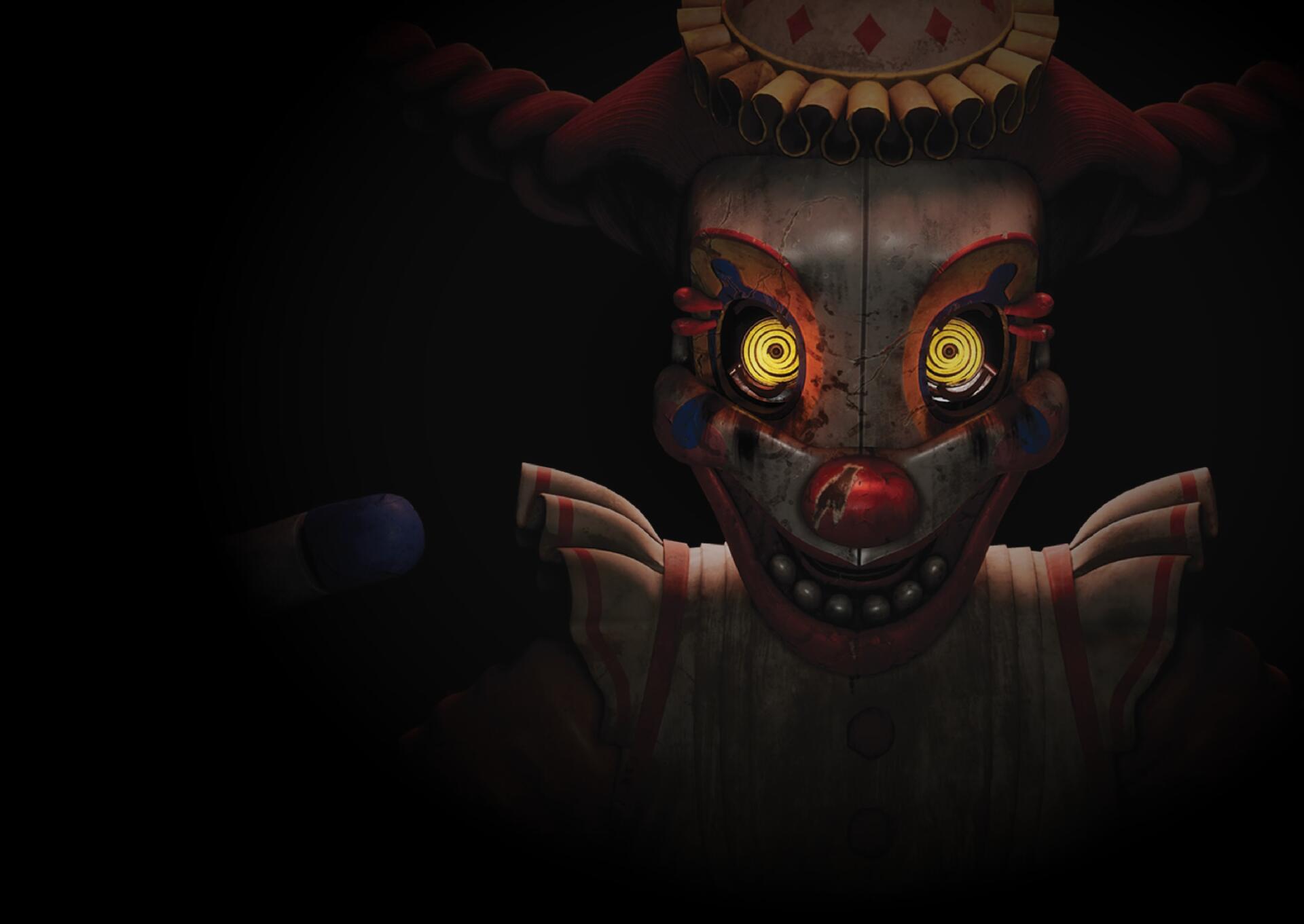 Menacing animatronic clown with glowing yellow eyes emerging from darkness, Five Nights at Freddy's: Secret of the Mimic, 2K Quad HD PC desktop wallpaper/background.