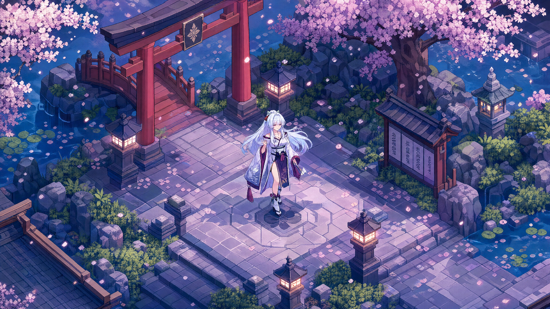 Hiyuki (Wuthering Waves) standing beneath blooming cherry blossoms by a torii gate on a moonlit stone courtyard, detailed 4K Ultra HD PC desktop wallpaper background.