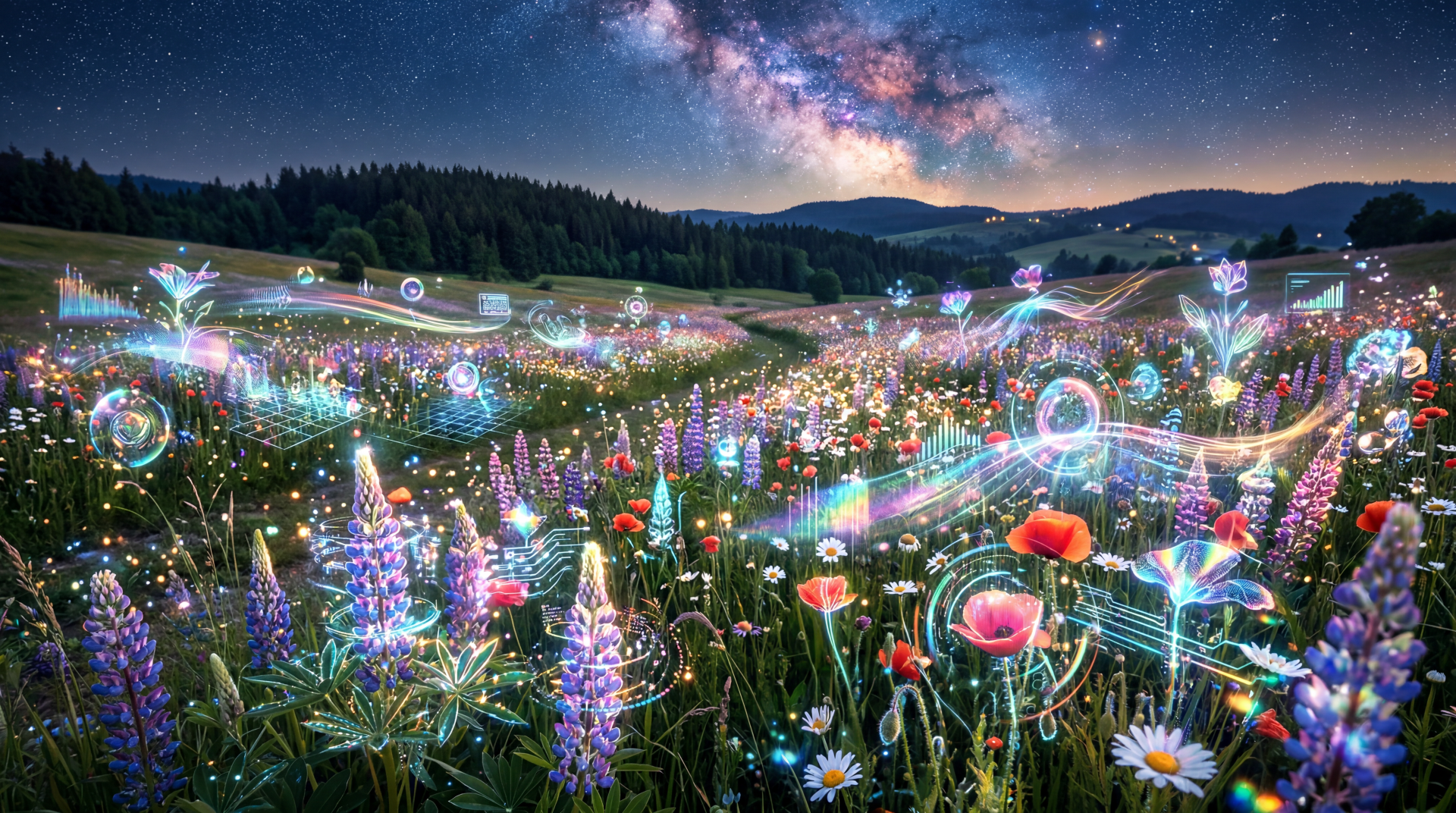 5K Ultra HD PC desktop wallpaper and background, a glowing blooming meadow of wildflowers and luminous orbs under a vivid Milky Way, rolling hills and dark forest on the horizon.