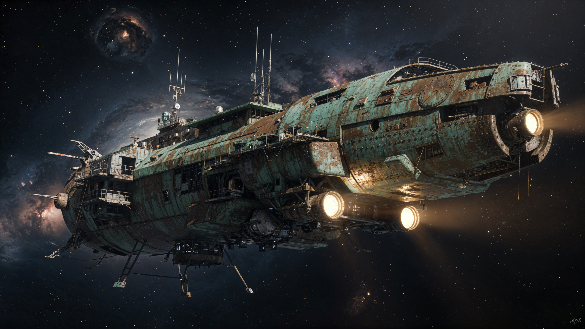 4K Ultra HD PC desktop wallpaper and background: a weathered deep-space exploration cruiser with glowing engines and antennae drifting past a nebula-strewn starfield.