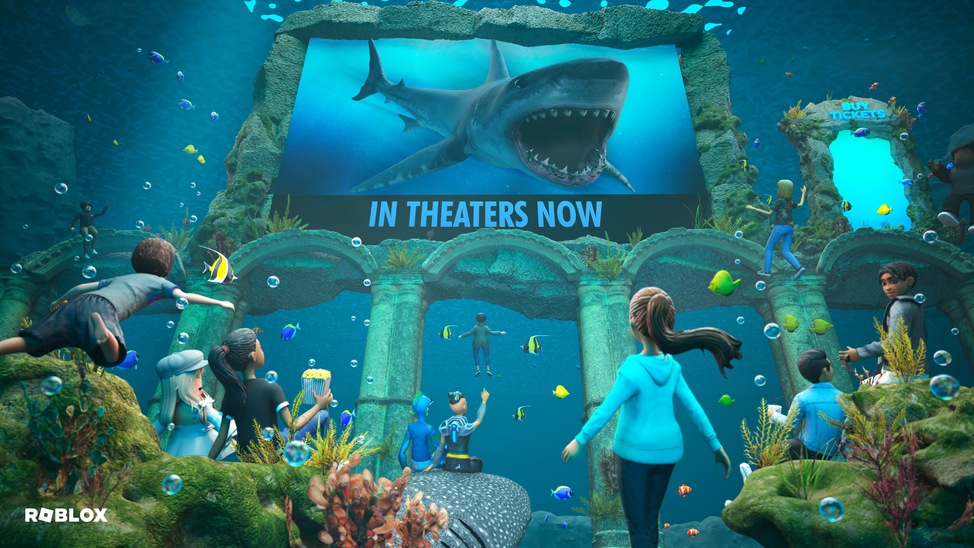 Roblox video game 4K Ultra HD PC desktop wallpaper: underwater cinema with Roblox characters surrounded by coral and fish watching a giant shark billboard reading 'IN THEATERS NOW'.