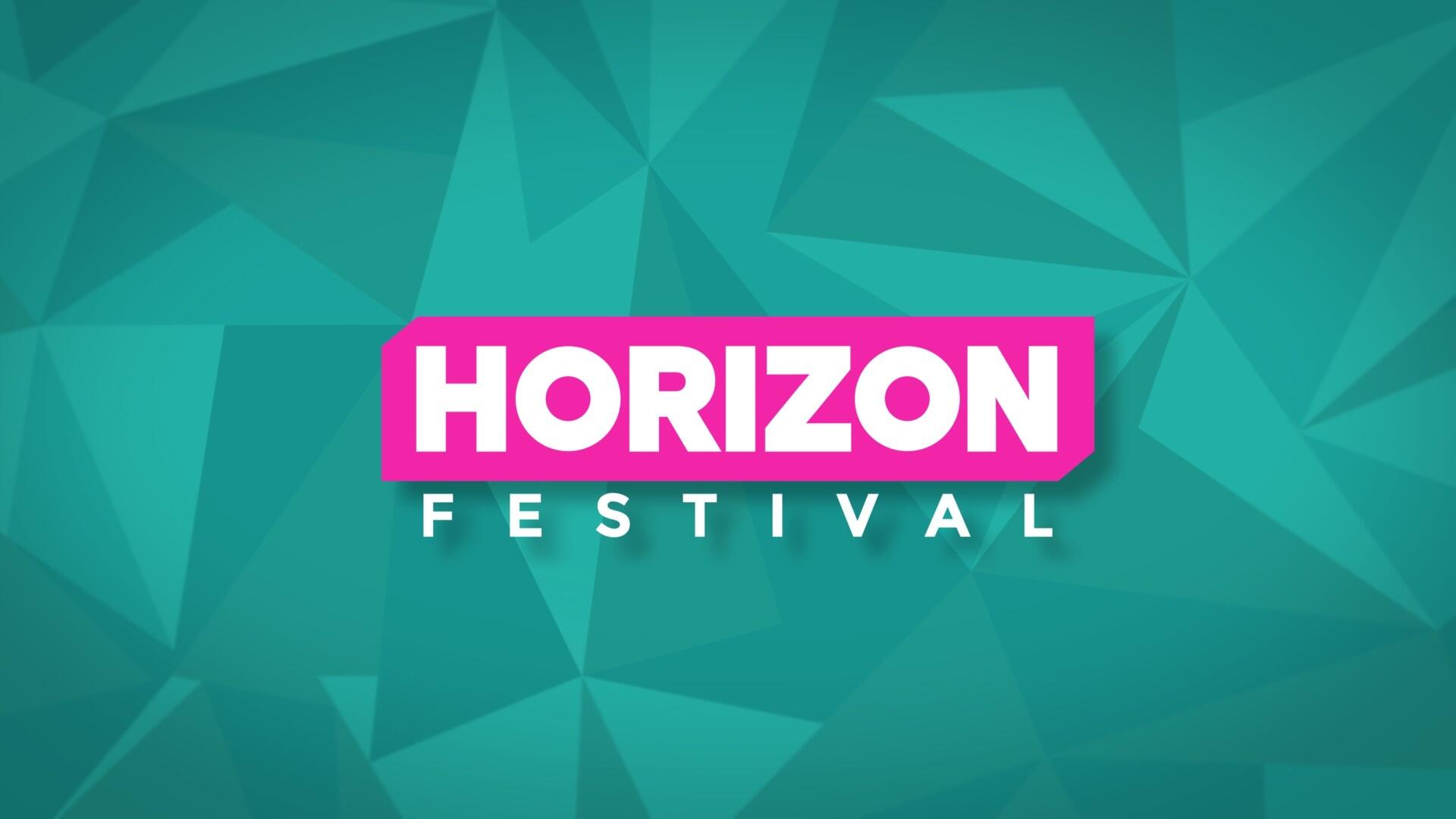 Forza Horizon 6 HD PC desktop wallpaper and background: bold magenta HORIZON festival logo with white FESTIVAL text on a teal polygonal geometric backdrop.