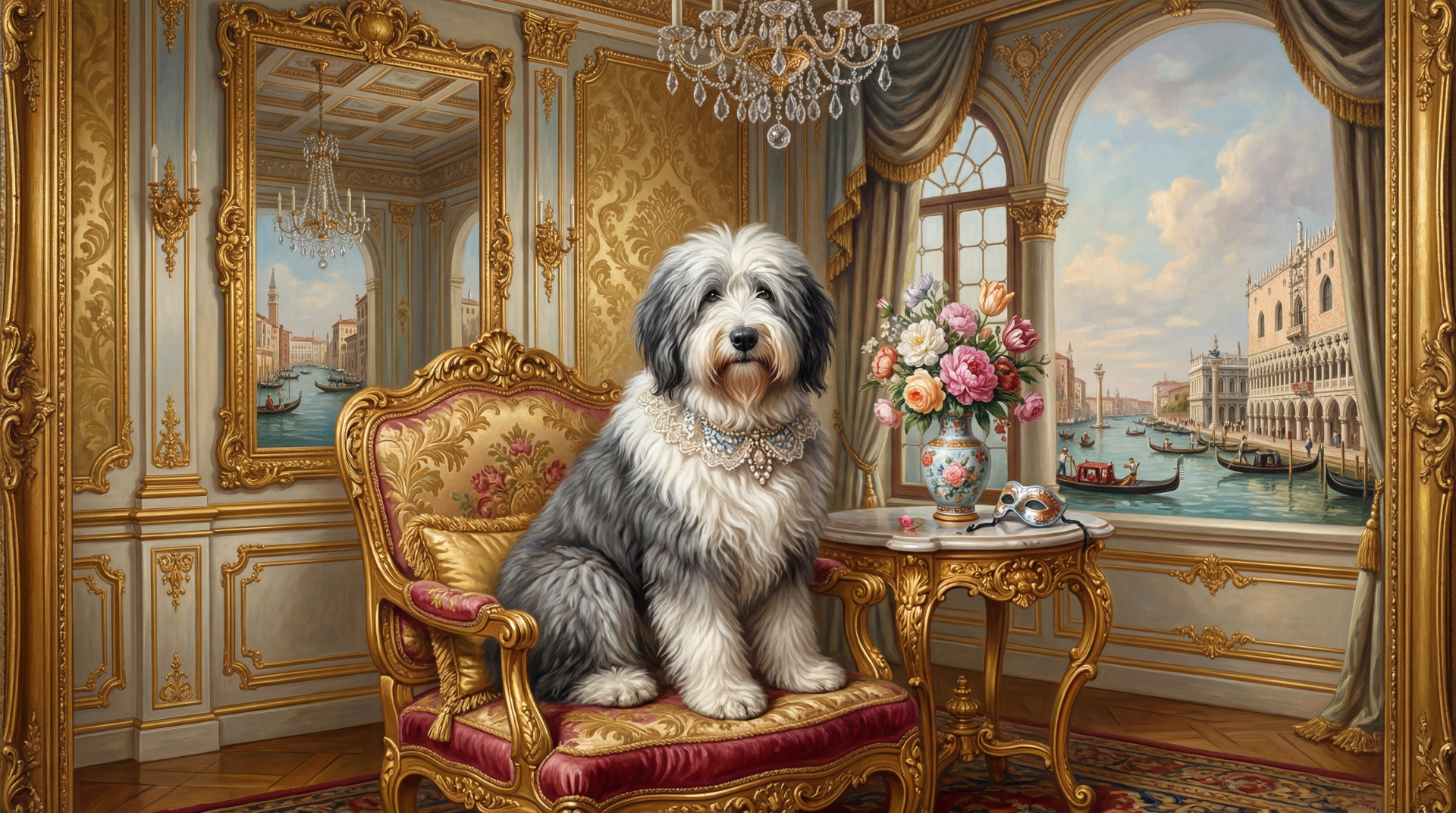 Sheepdog seated on a gilded armchair in an ornate room with a vase of roses and a Venetian canal view — luxurious 5K Ultra HD PC desktop wallpaper background.