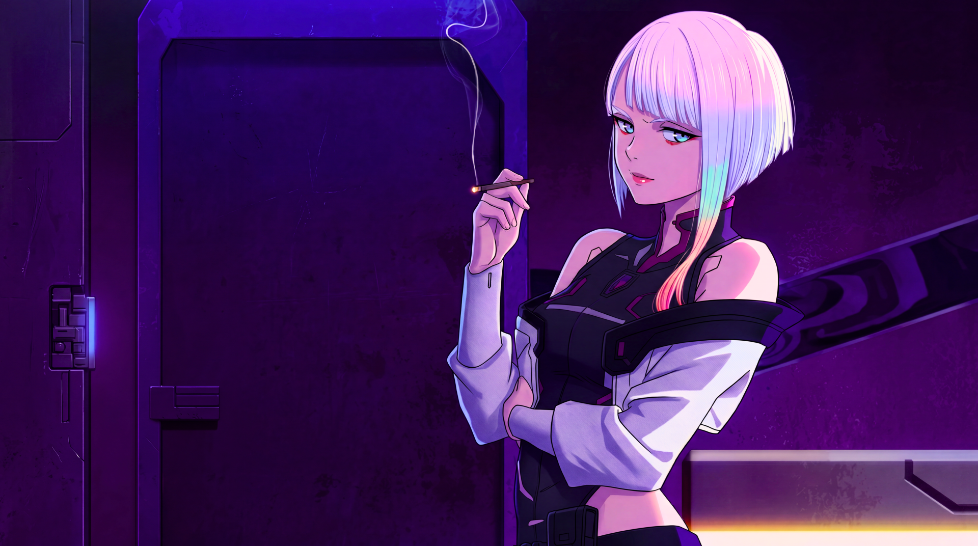 Cyberpunk: Edgerunners' Lucy — anime waifu with white bob, smoking a cigarette in a neon purple cyberpunk room; 5K Ultra HD PC desktop wallpaper/background.