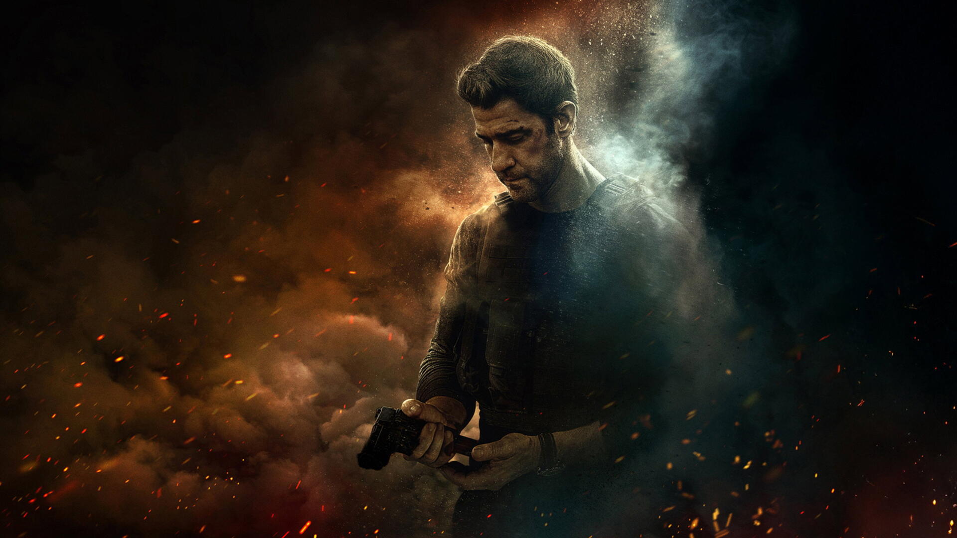 2K Quad HD PC desktop wallpaper of Jack Ryan: brooding figure clutching a gun amid swirling smoke, embers, and dramatic shadowed lighting.