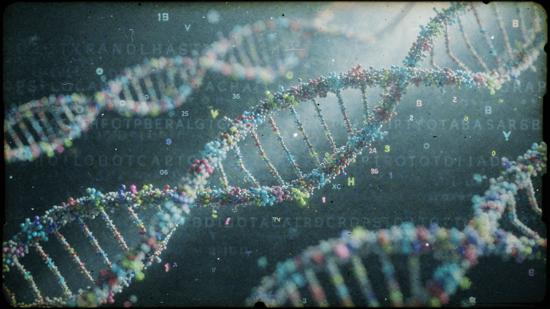 Glowing DNA double helix strands with floating nucleotide letters, 4K Ultra HD PC desktop wallpaper background.