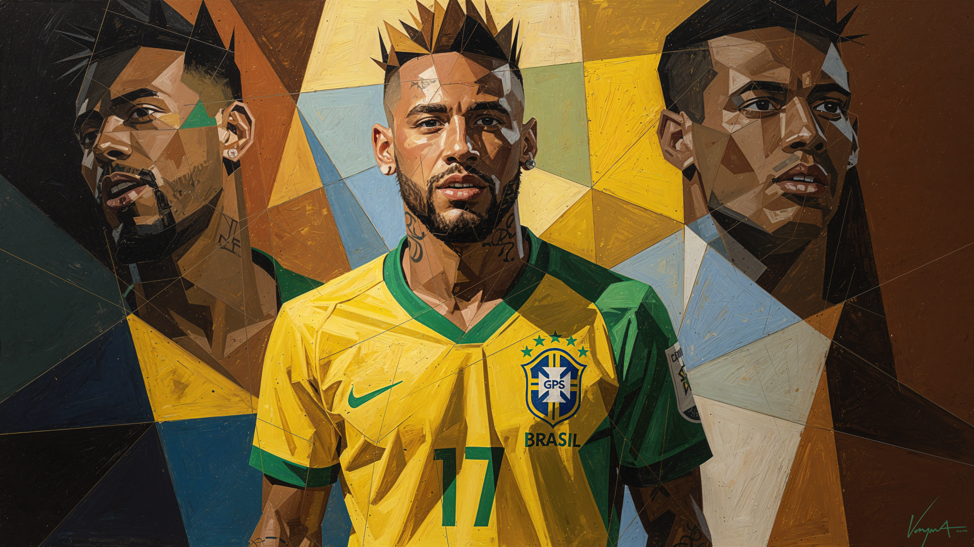 4K Ultra HD PC desktop wallpaper: stylized geometric portrait of a soccer player in Brazil yellow #17 jersey, flanked by two angular side profiles against a colorful polygonal background.