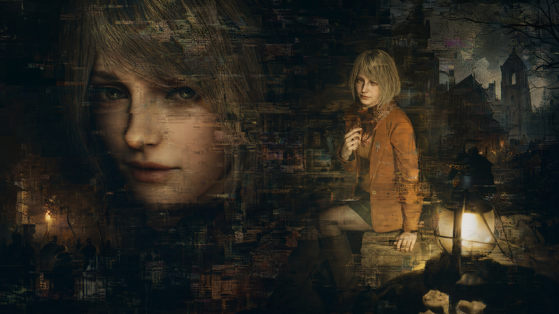 Resident Evil 4 4K Ultra HD PC wallpaper: moody collage of Ashley Graham — close-up face and full-figure by lantern-lit village ruins, grainy texture and looming, eerie atmosphere.