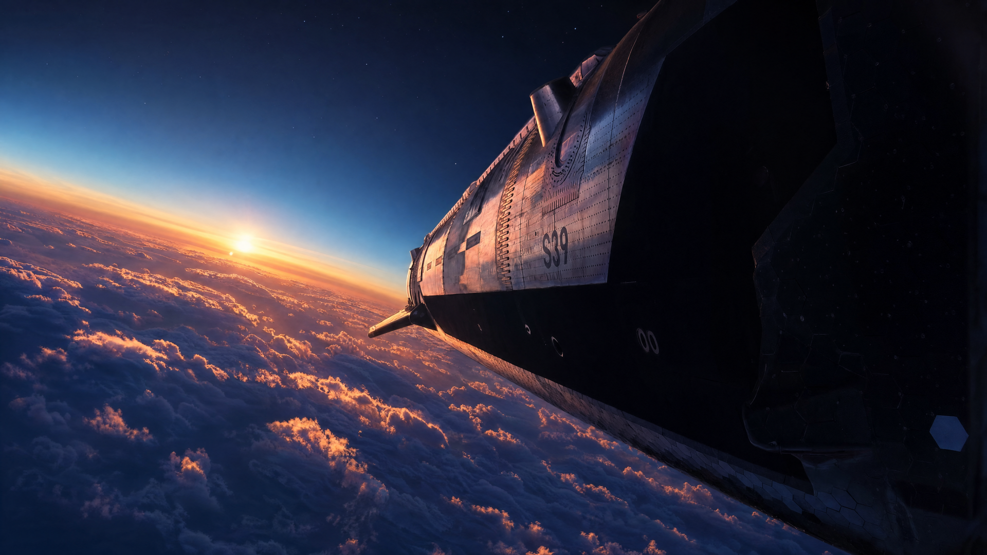 SpaceX Starship soaring above sunlit cloud tops at sunrise, hull details against a deep blue space gradient — 4K Ultra HD PC desktop wallpaper background.