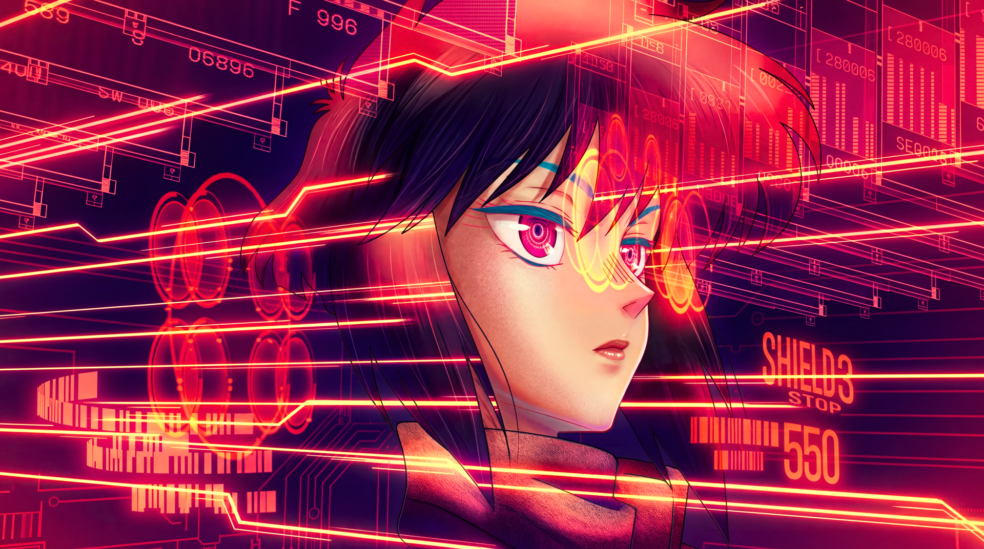 Cyberpunk retro anime waifu portrait of Motoko Kusanagi from The Ghost In The Shell 2026, neon HUD overlays and gridlines in hot pink and orange - 5K Ultra HD PC desktop wallpaper.