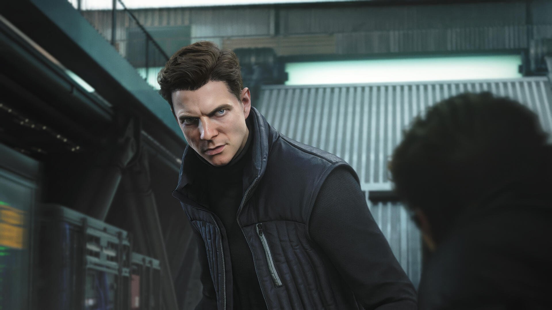 HD PC desktop wallpaper from the video game 007: First Light — brooding James Bond in a dark jacket, tense expression as he leans forward in an industrial, dimly lit interior.