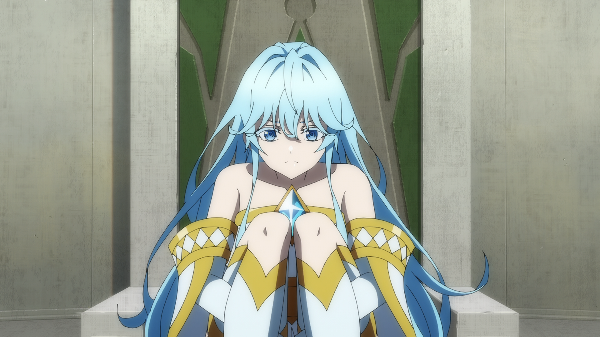 Anime HD PC wallpaper: Elfaria Alvis Serholt from Wistoria: Wand and Sword seated on a throne, long blue hair, white-and-gold armor and blue eyes, knees drawn to her chest.