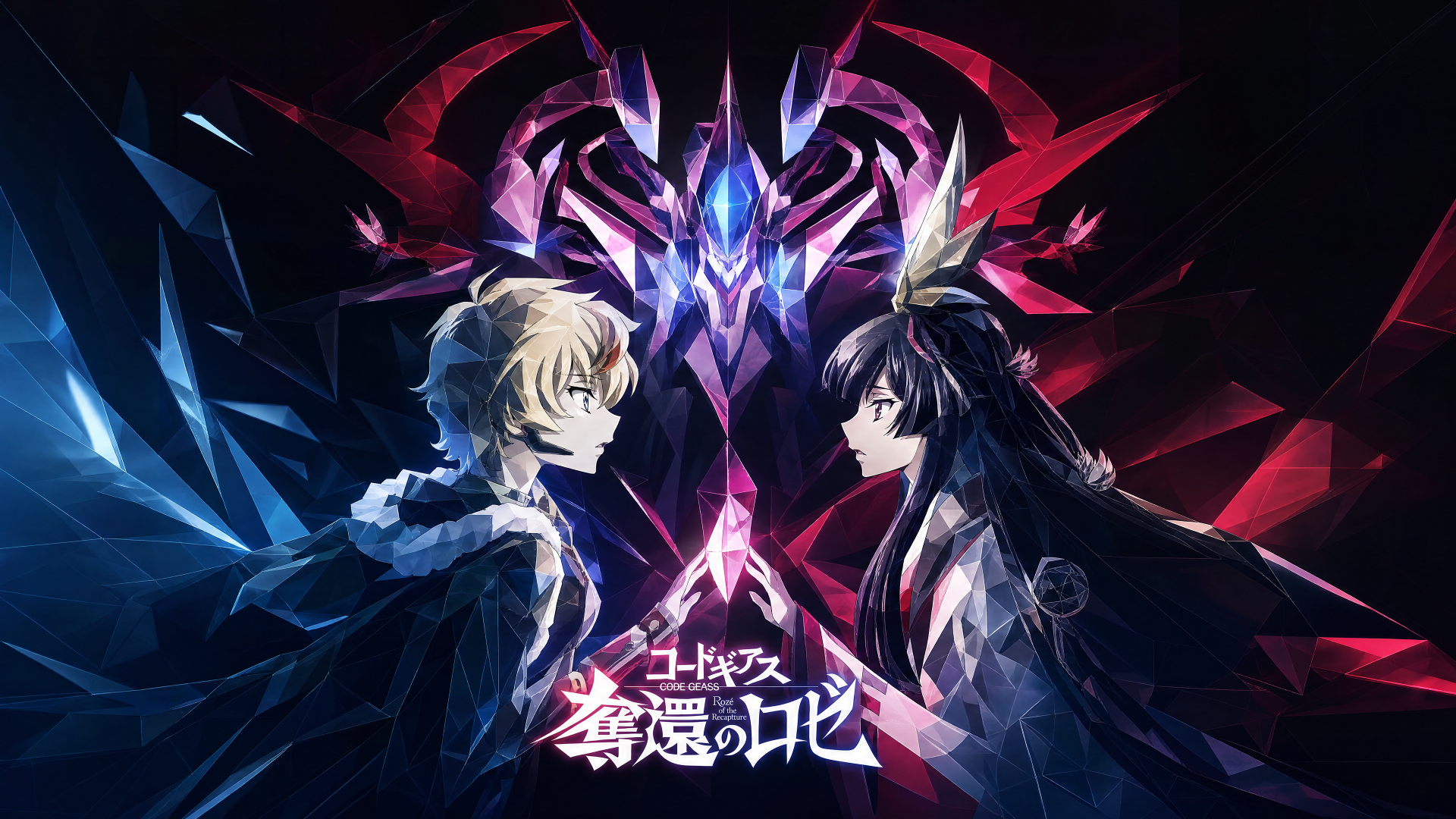 4K Ultra HD PC desktop wallpaper for Code Geass: Rozé Of The Recapture — two rivals face across a glowing crystalline emblem as red and blue shards radiate around them.