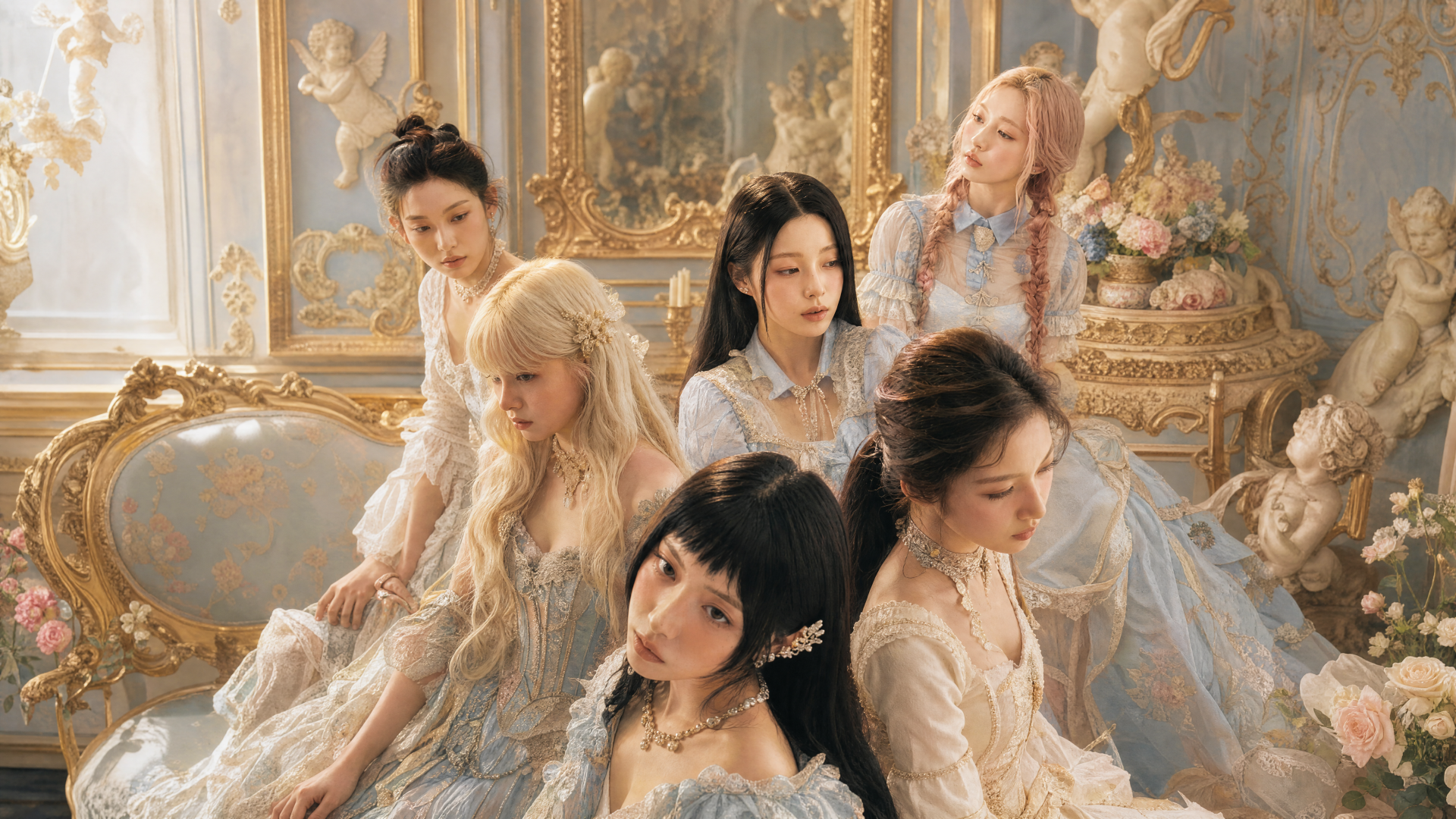 Elegant vintage-style portrait of six women in lace gowns in an ornate room, soft pastel tones — 4K Ultra HD PC desktop wallpaper and background.