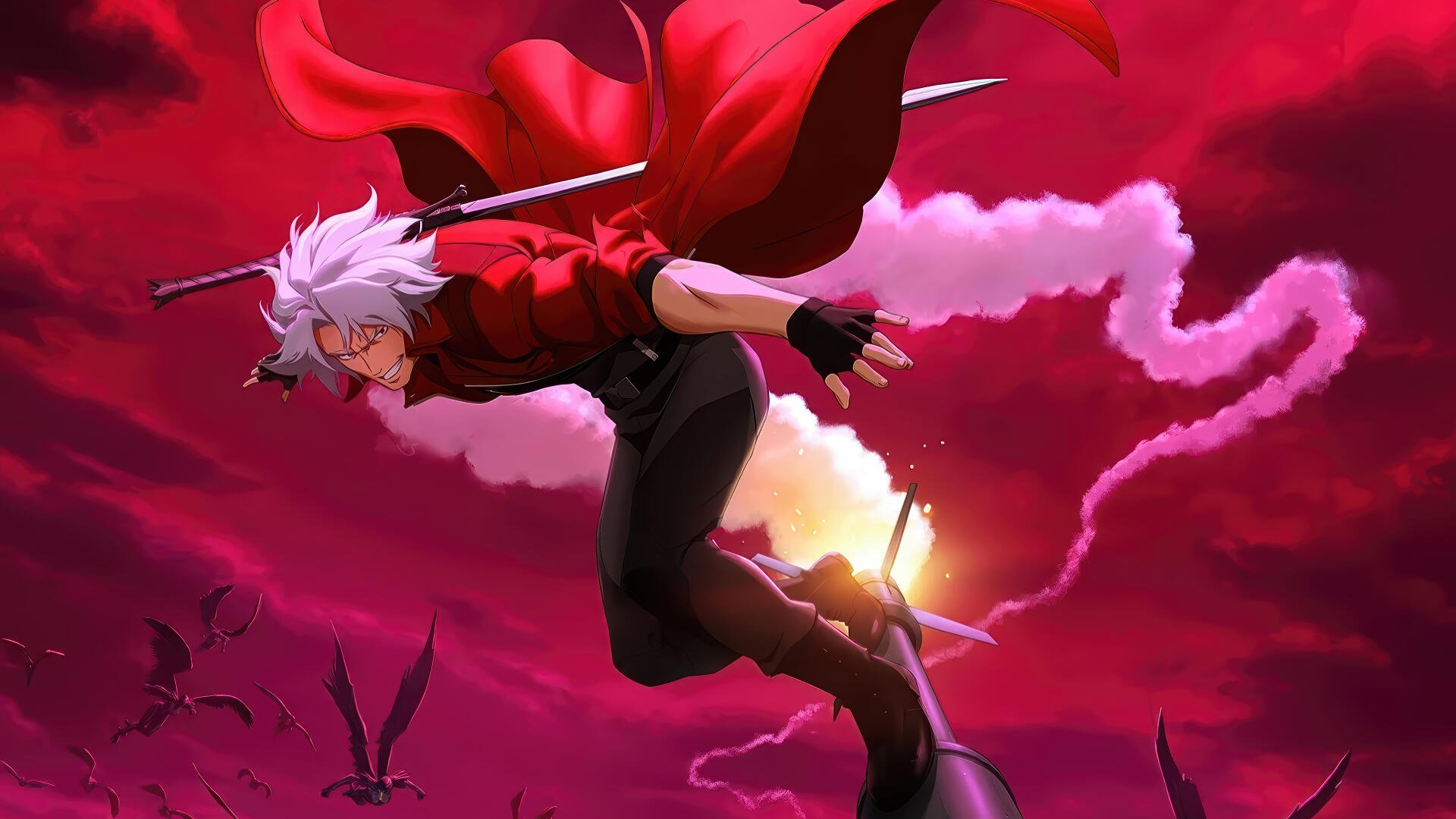 Devil May Cry (2025) Devil May Cry 4K Ultra HD PC desktop wallpaper: white‑haired demon hunter in red coat leaps with sword through a stormy crimson sky as bats swirl below.