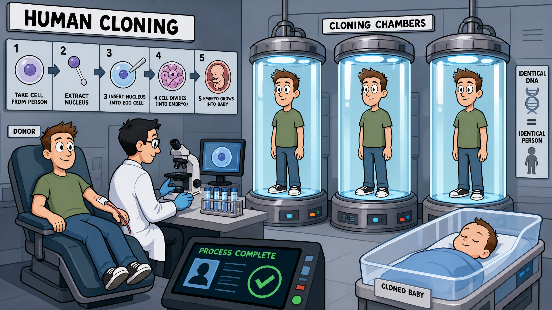 Cartoon human cloning lab: scientist monitors three clones in glass chambers and a newborn in a crib; stylized 4K Ultra HD PC desktop wallpaper and background.
