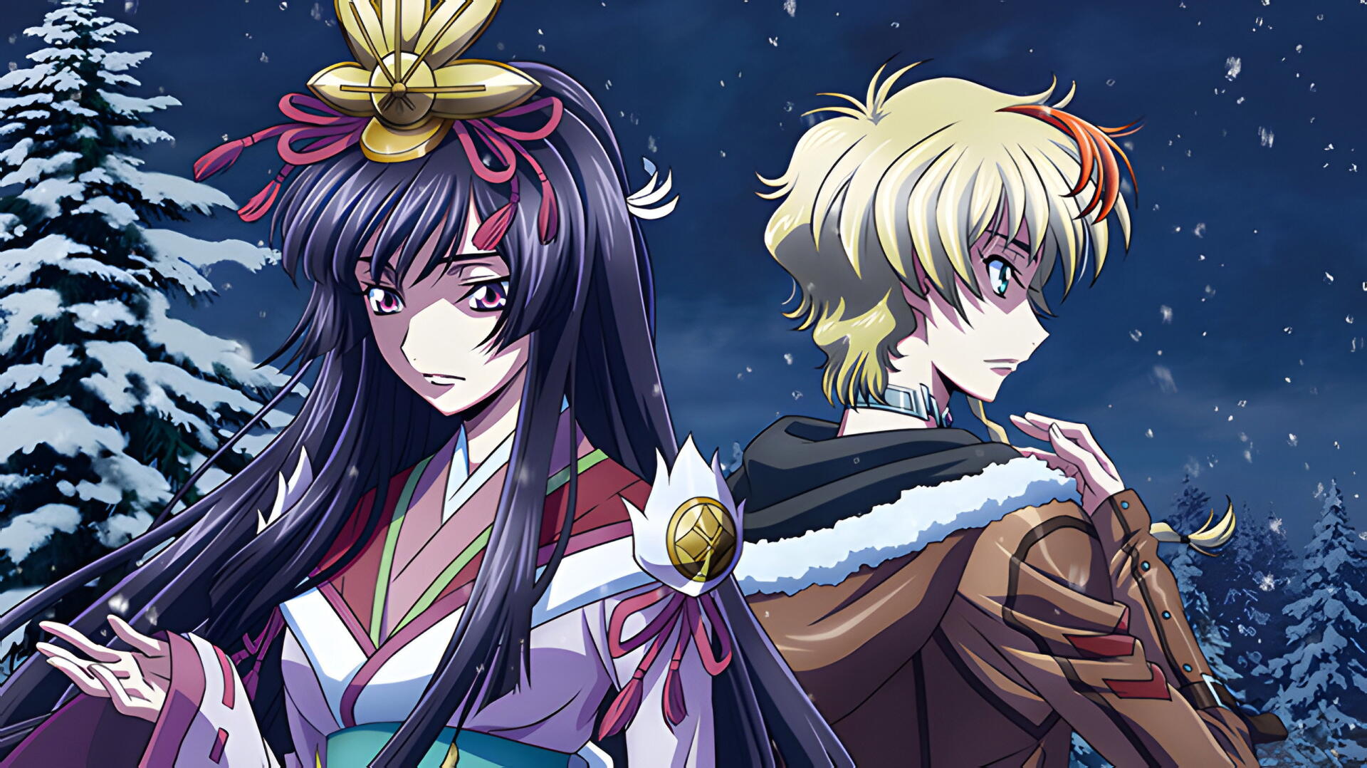 Anime 2K Quad HD PC wallpaper from Code Geass: Rozé Of The Recapture — a dark-haired woman in ornate kimono and a blond, fur-collared cloaked man stand back-to-back in a snowy night.