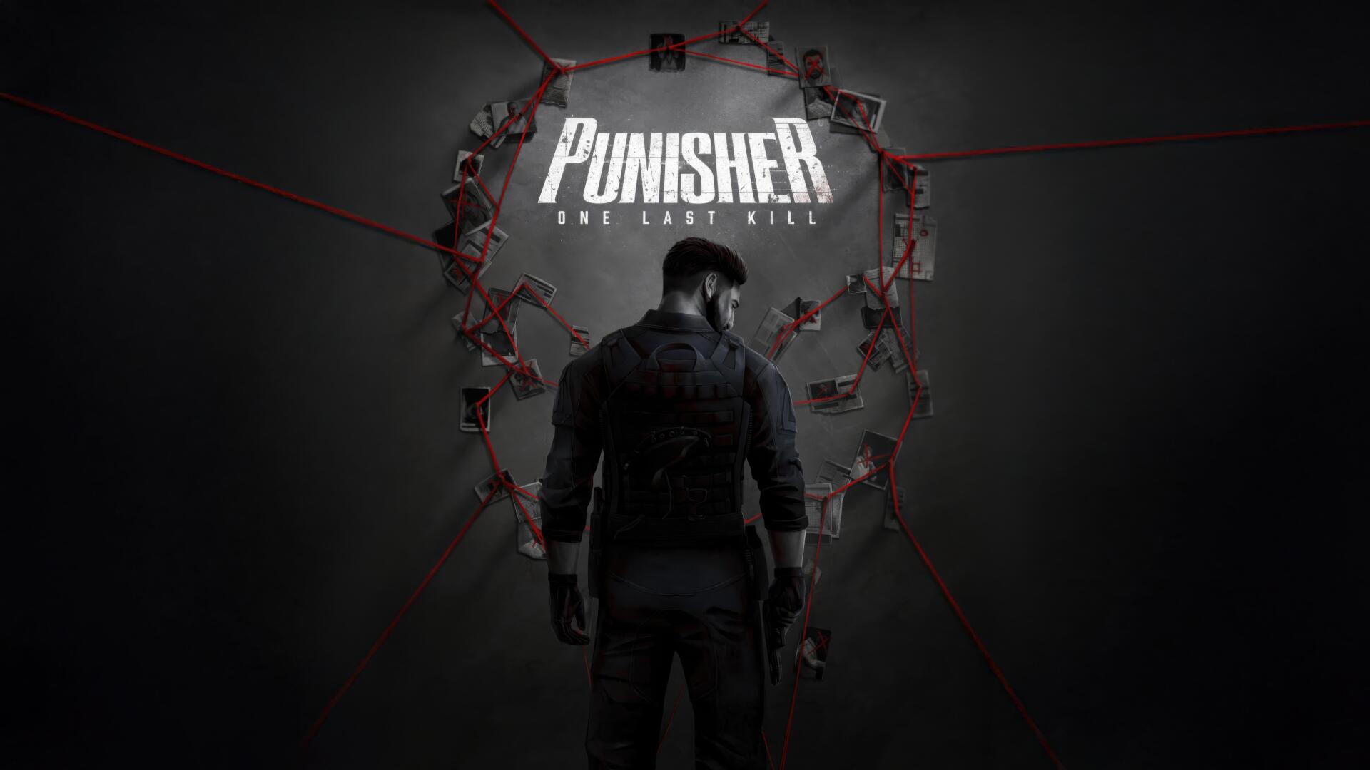 The Punisher: One Last Kill — lone figure faces a skull-shaped photo wall tied with red string; dark, gritty 4K Ultra HD PC desktop wallpaper/background.
