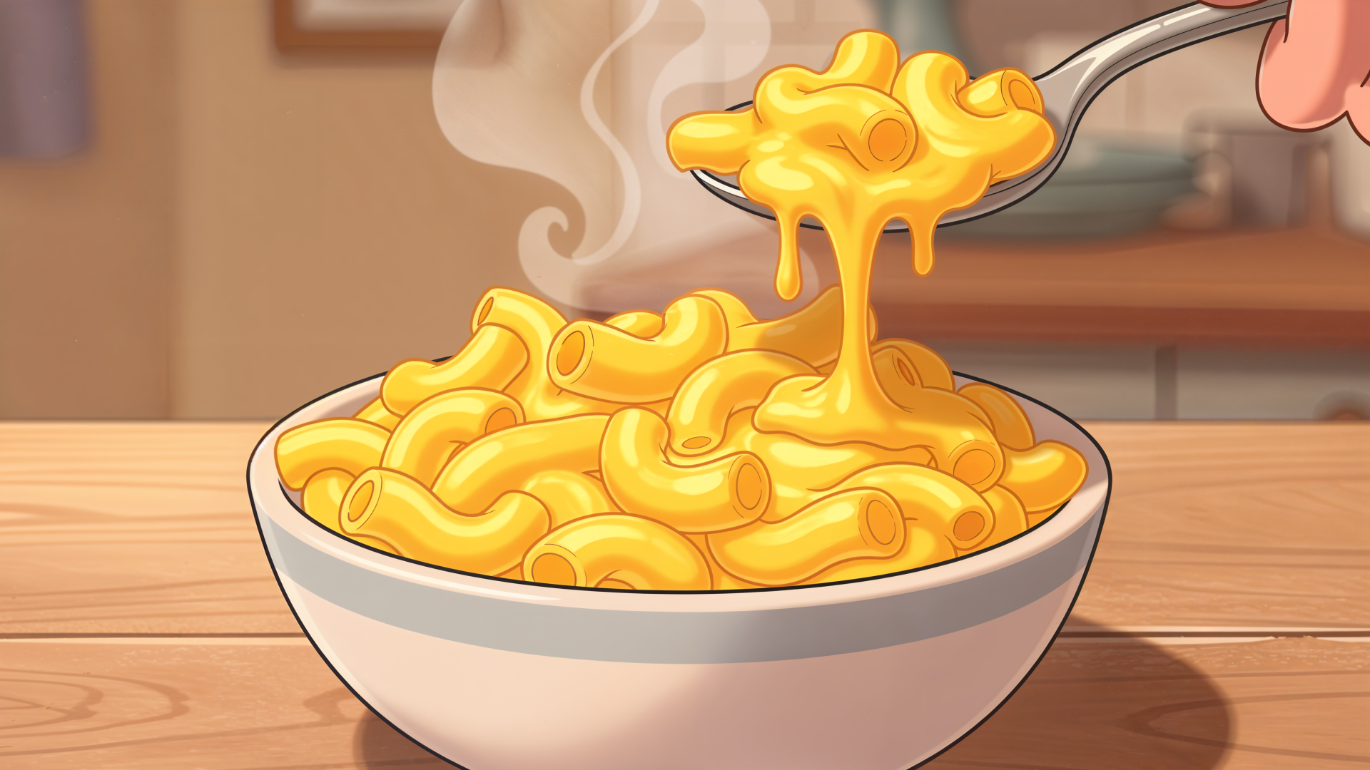 4K Ultra HD PC desktop wallpaper showing a steaming bowl of creamy macaroni and cheese, cheese stretching from a fork over a wooden table.