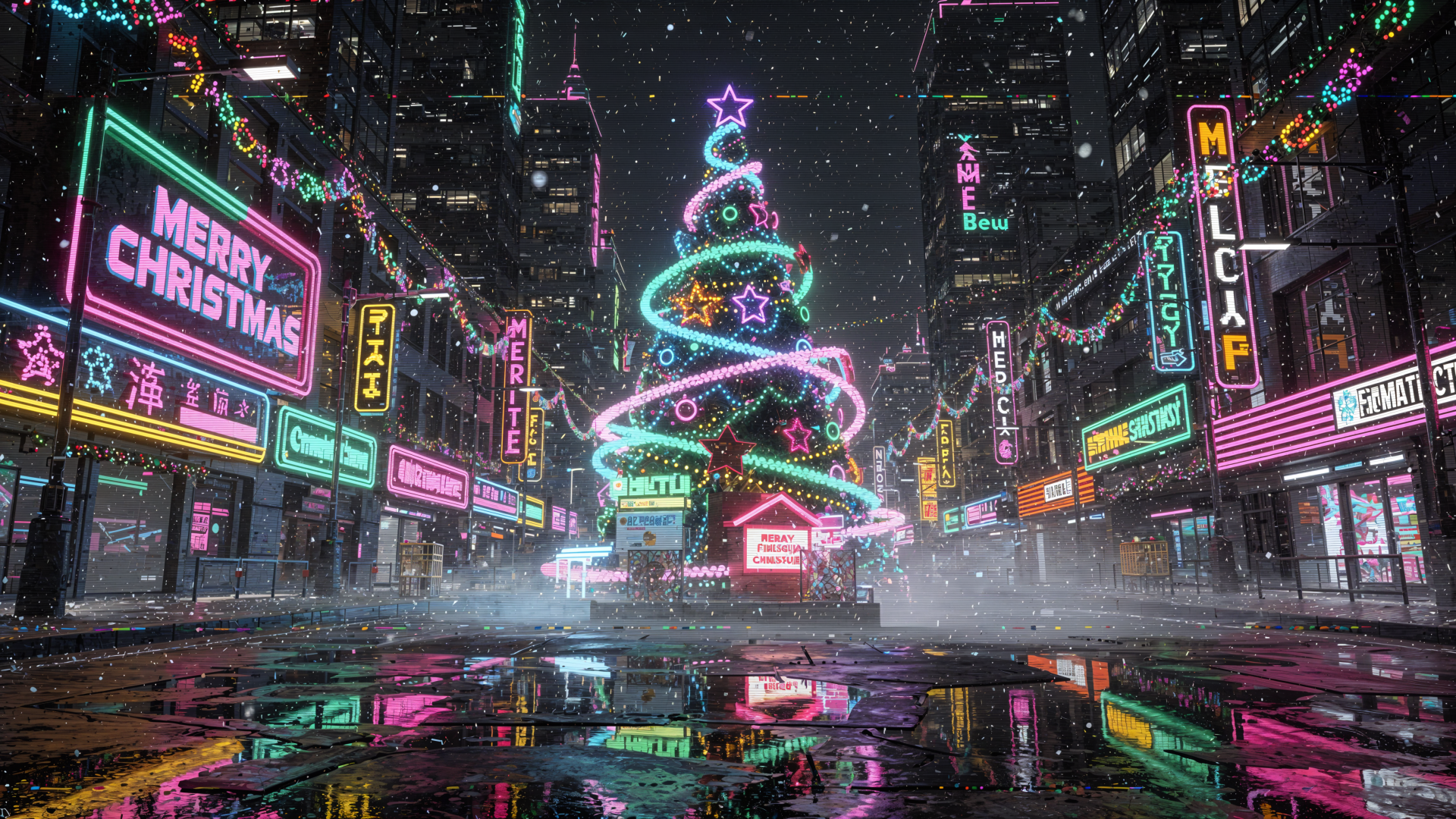 Neon Christmas tree spirals in a rainy cyberpunk street, bright neon signs and puddle reflections — 4K Ultra HD PC desktop wallpaper and background.