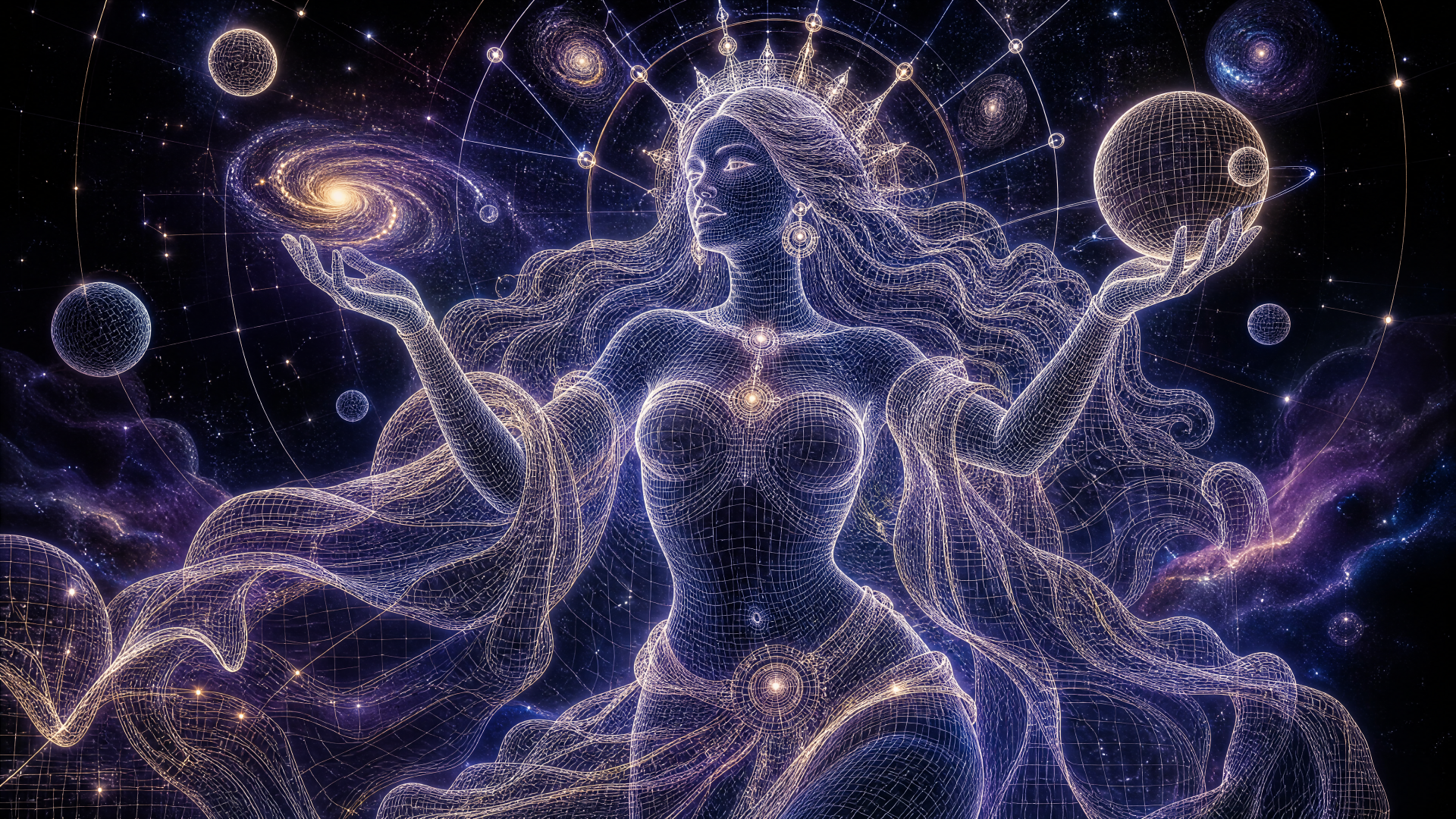 Ethereal cosmic goddess woven from starlight, holding galaxies and planets amid nebulae — 4K Ultra HD PC desktop wallpaper and background.