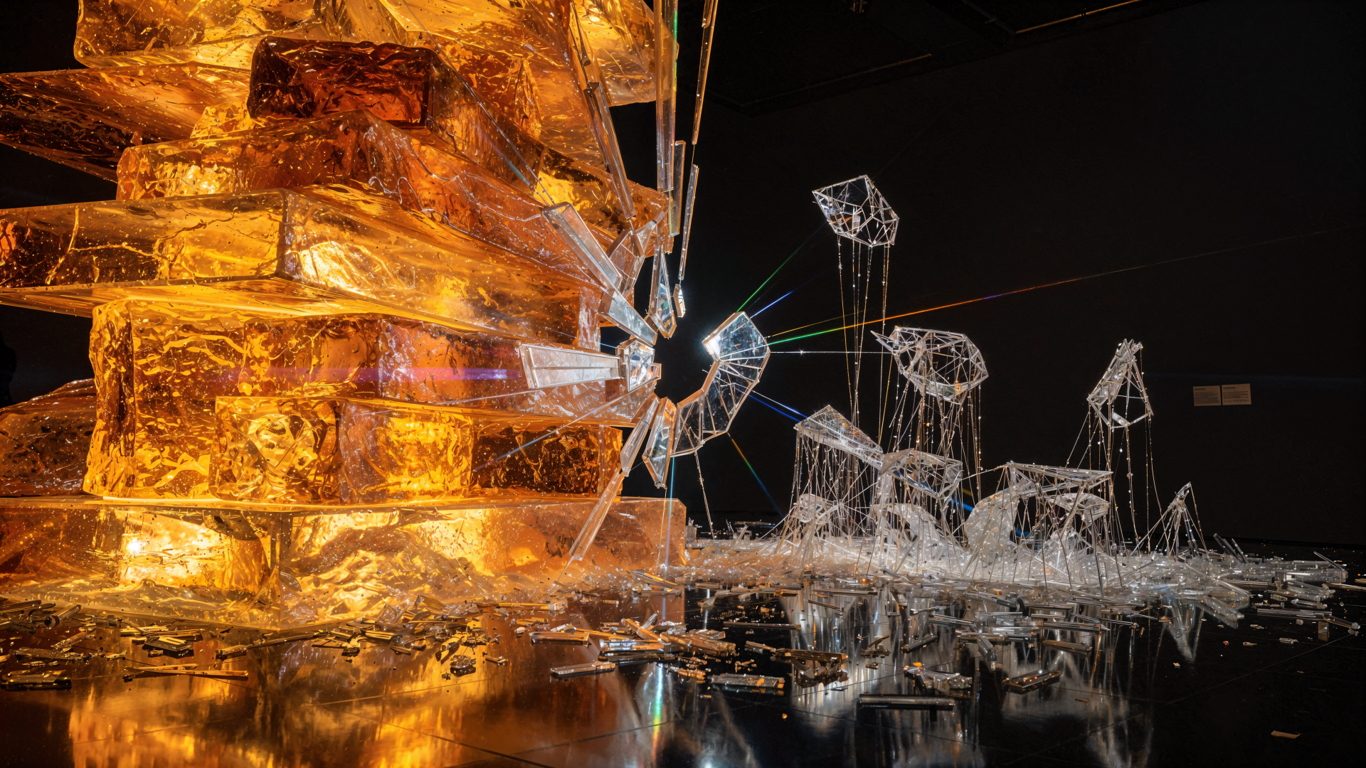 4K Ultra HD PC desktop wallpaper and background: symbolic inequality scene with glowing stacked gold blocks rising opposite shattered glass figures and reflected neon-lit water under a dark sky.