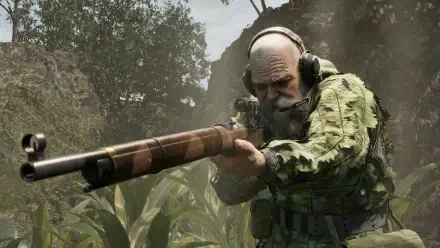 Aged camo sniper aiming a suppressed rifle through dense jungle foliage — Metal Gear Solid Δ: Snake Eater video game 4K Ultra HD PC desktop wallpaper