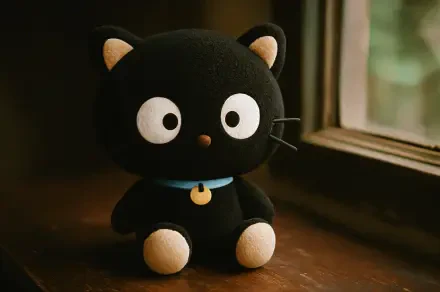 Chococat plush sits on a wooden windowsill in soft warm light — 4K Ultra HD PC desktop wallpaper background.