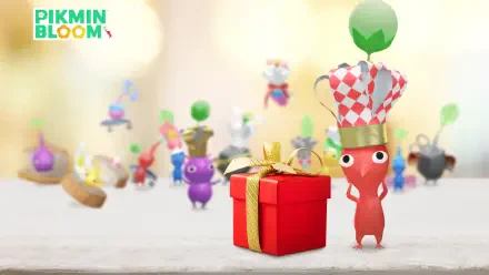HD PC desktop wallpaper and background: Pikmin characters in a soft bokeh scene, a crowned red Pikmin beside a red gift box with colorful Pikmin blurred in the background.