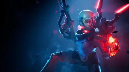 4K Ultra HD PC desktop wallpaper and background for the Metal Eden video game: armored cyber-soldier firing an energy pistol while holding a glowing red power core in a neon-blue battlefield.