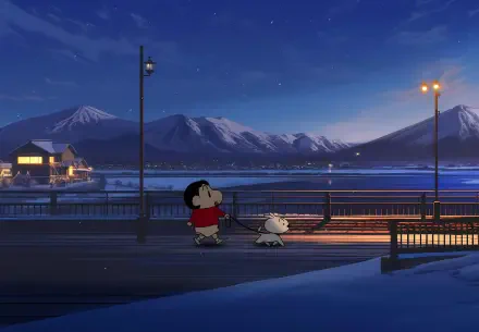 Crayon Shin-chan (Shinchan Nohara) and his dog walk along a snowy waterfront at night under mountains — anime landscape, 4K Ultra HD PC desktop wallpaper/background.