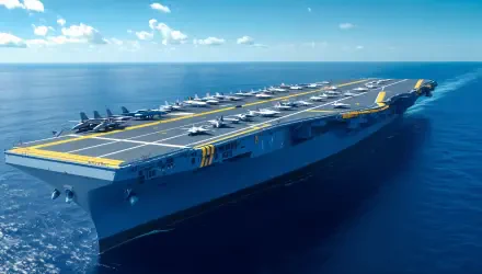 4K Ultra HD PC desktop wallpaper background: modern aircraft carrier at sea with fighter jets lined on deck beneath a bright blue sky.